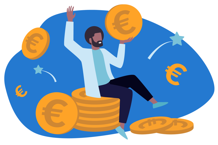 Pessoa sentada em moedas rodeada de euros